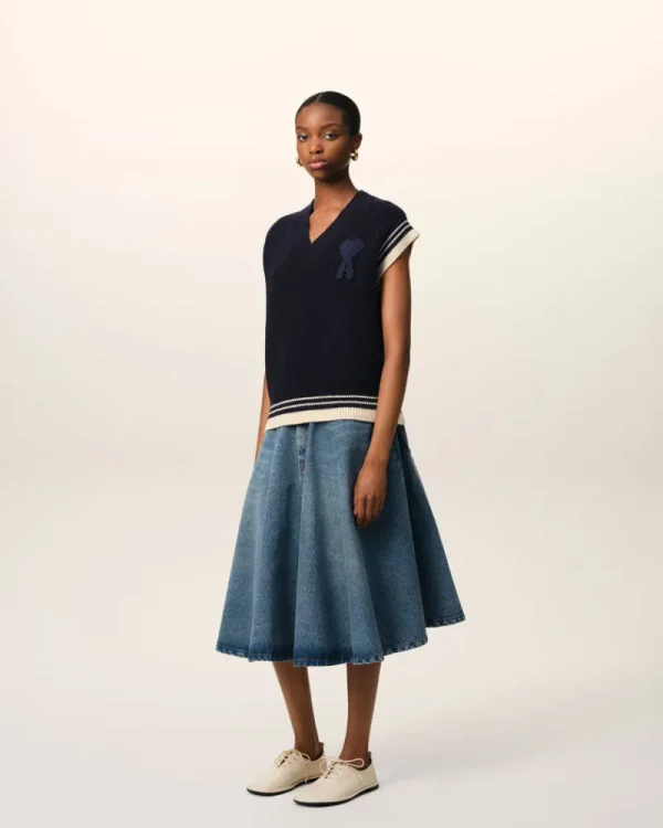 New Navy Wool Ribbed Sleeveless V Neck Sweater Women Sweaters & Cardigans | Ami De Coeur