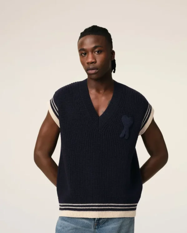 New Navy Wool Ribbed Sleeveless V Neck Sweater Women Sweaters & Cardigans | Ami De Coeur