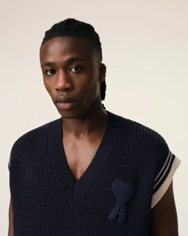New Navy Wool Ribbed Sleeveless V Neck Sweater Women Sweaters & Cardigans | Ami De Coeur