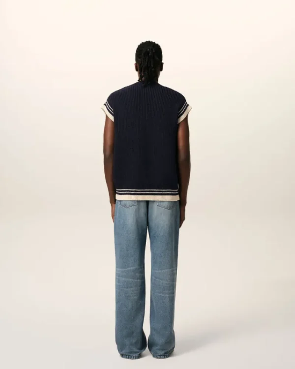 New Navy Wool Ribbed Sleeveless V Neck Sweater Women Sweaters & Cardigans | Ami De Coeur