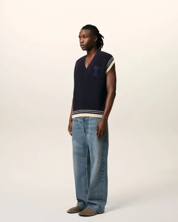 New Navy Wool Ribbed Sleeveless V Neck Sweater Women Sweaters & Cardigans | Ami De Coeur