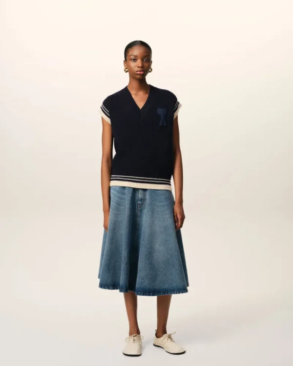 New Navy Wool Ribbed Sleeveless V Neck Sweater Women Sweaters & Cardigans | Ami De Coeur