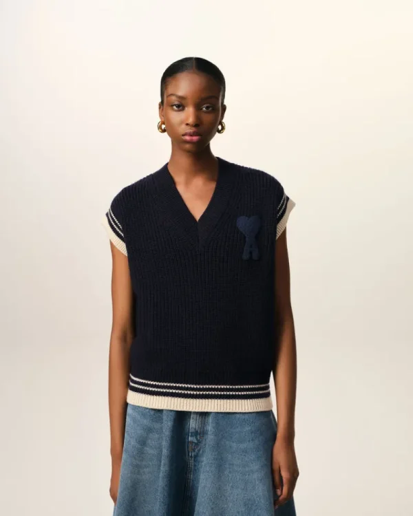 New Navy Wool Ribbed Sleeveless V Neck Sweater Women Sweaters & Cardigans | Ami De Coeur