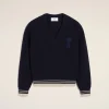 New Navy Wool Ribbed V Neck Sweater Women Sweaters & Cardigans | Ami De Coeur