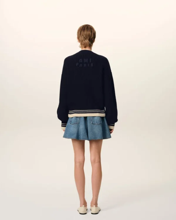 New Navy Wool Ribbed V Neck Sweater Women Sweaters & Cardigans | Ami De Coeur