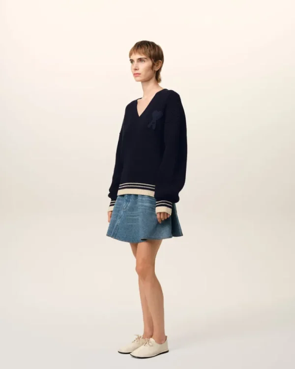 New Navy Wool Ribbed V Neck Sweater Women Sweaters & Cardigans | Ami De Coeur