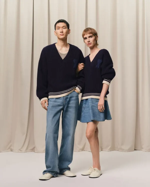 New Navy Wool Ribbed V Neck Sweater Women Sweaters & Cardigans | Ami De Coeur