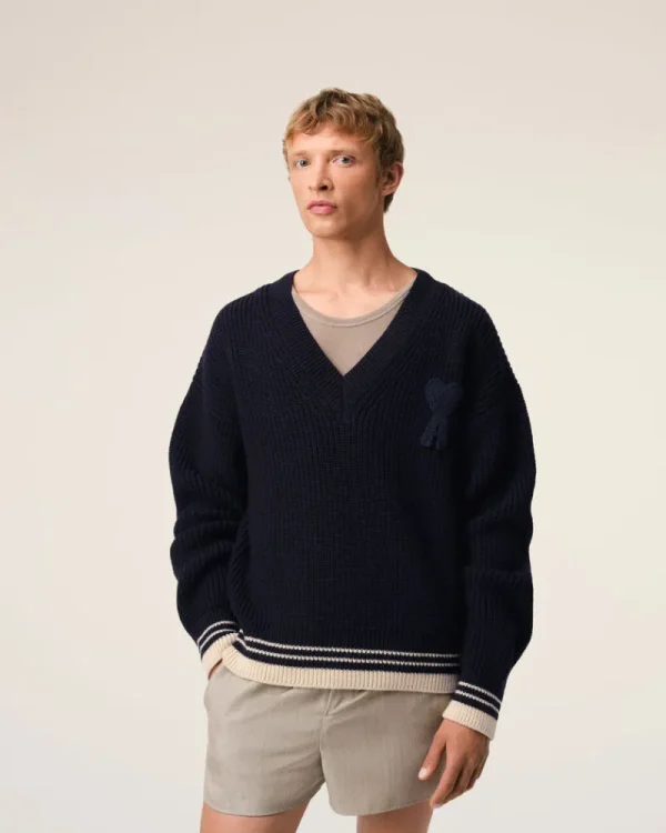 New Navy Wool Ribbed V Neck Sweater Women Sweaters & Cardigans | Ami De Coeur
