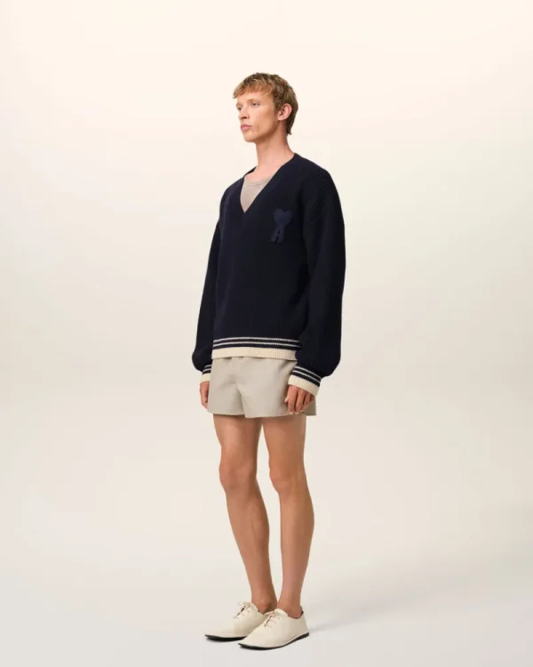 New Navy Wool Ribbed V Neck Sweater Women Sweaters & Cardigans | Ami De Coeur
