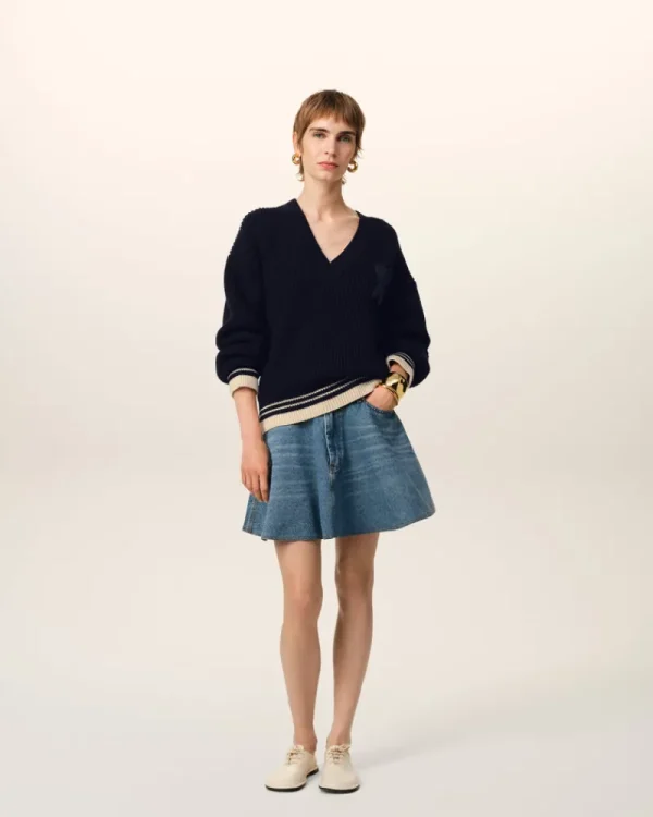 New Navy Wool Ribbed V Neck Sweater Women Sweaters & Cardigans | Ami De Coeur