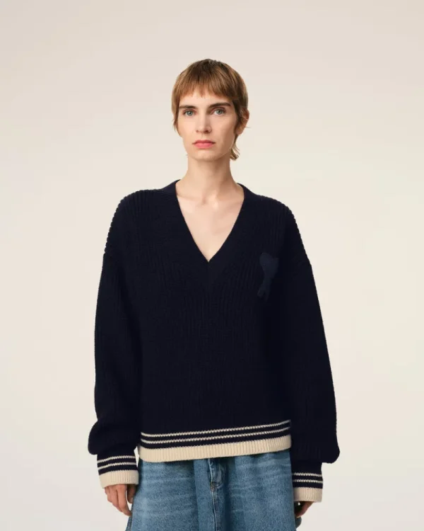 New Navy Wool Ribbed V Neck Sweater Women Sweaters & Cardigans | Ami De Coeur