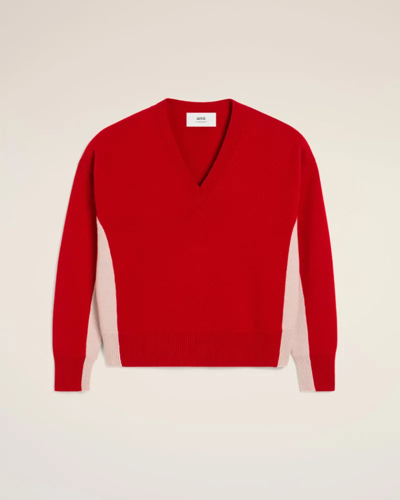 Clearance Red Wool Knit Bicolor V Neck Sweater Sweaters & Cardigans | Ami De Coeur