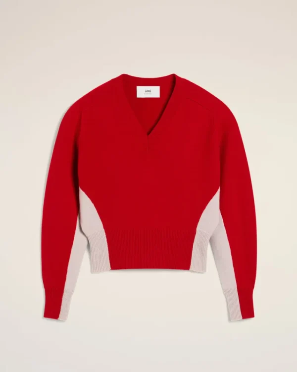 Fashion Red Wool Knit Bicolor V Neck Sweater Women Sweaters & Cardigans | Ami De Coeur