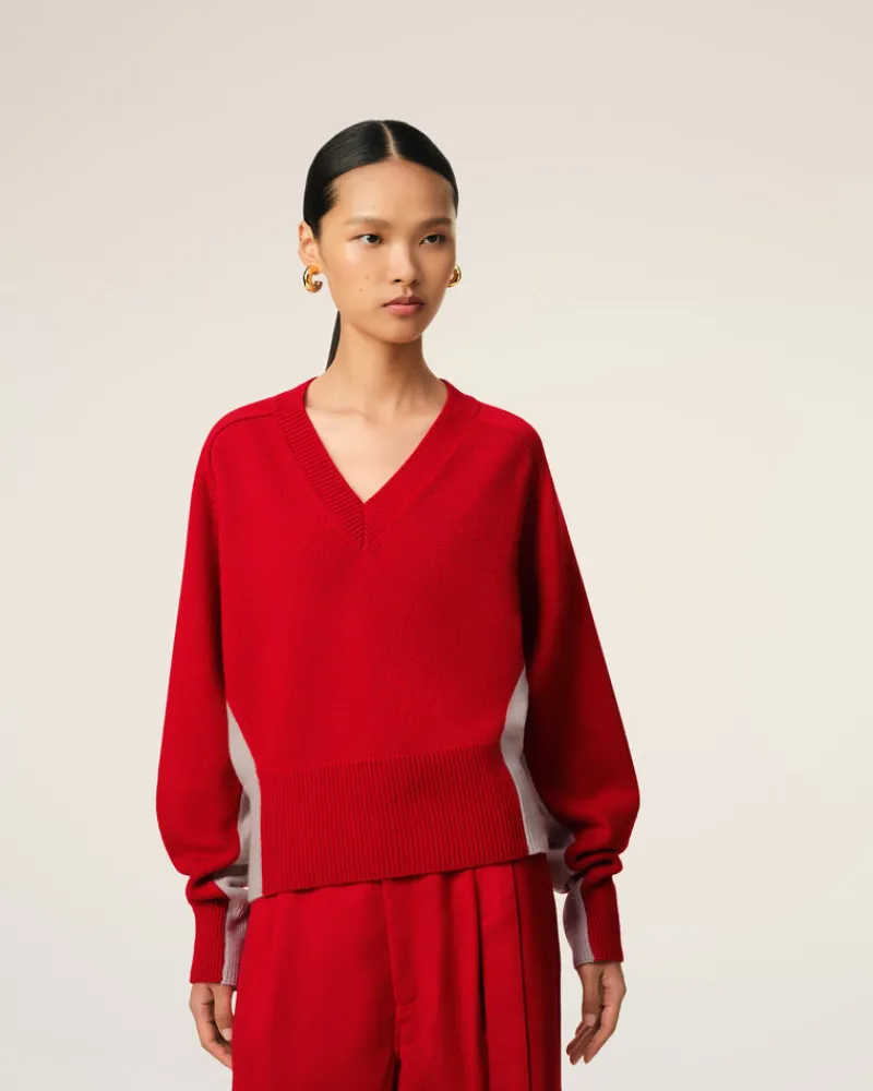 Fashion Red Wool Knit Bicolor V Neck Sweater Women Sweaters & Cardigans | Ami De Coeur