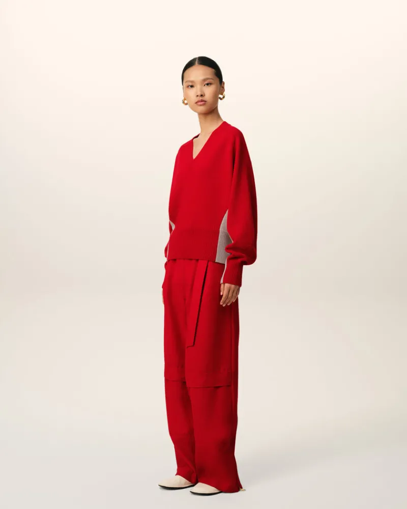 Fashion Red Wool Knit Bicolor V Neck Sweater Women Sweaters & Cardigans | Ami De Coeur